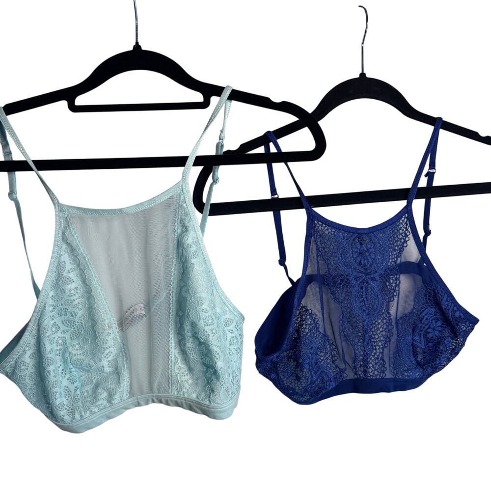 Victoria Secret PINK High Neck Lace Mesh Bralette Lot Blue Aqua Set Coquette